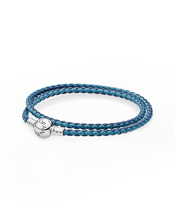 Silver & Woven Mixed Blue Leather Wrap Charm Bracelet