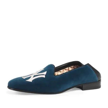 Gucci Blue Velvet Loafers with NY Yankees Embroidery - Fleur De Riche