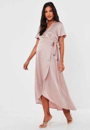 - Pink Satin Wrap High Low Maternity Maxi Dress