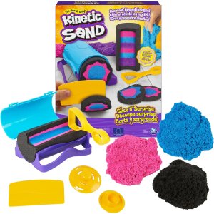 Kinetic Sand, Slice N’ Surprise Set with 13.5oz of Black, Pink and Blue Play Sand and 7 Tools