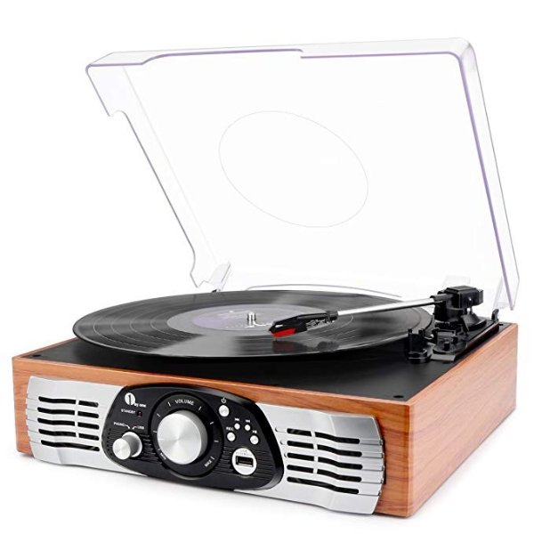 1byone Belt-Drive 3-Speed Stereo Turntable with Built in Speakers, Natural Wood