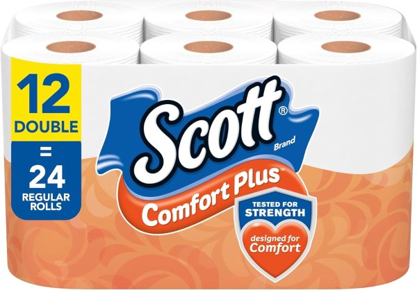 ComfortPlus Toilet Paper, 12 Double Rolls, 231 Sheets per Roll, Septic-Safe, 1-Ply Toilet Tissue