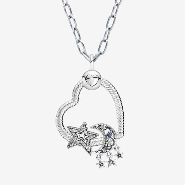 Sparkling Stars and Crescent Moon Charm Pendant Necklace Set