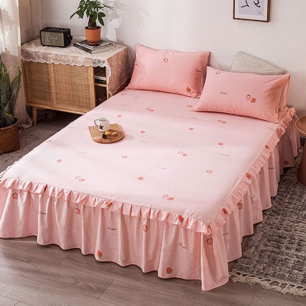 100% Cotton Pink Bed Fitted Sheet Mattress Cover Ruffled Bed Skirt 3 Sides Coverage Dustproof