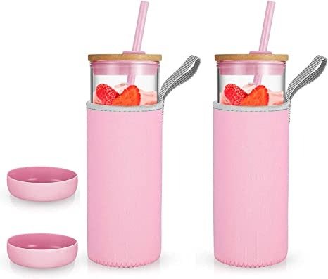 Tronco Iced Coffee Cup Glass Tumbler with Straw and Bamboo Lid|Wide Mouth Reusable Smoothie Cup with Straw and Insulator Sleeve|Borosilicate Glass Water Bottle with Lid|24oz（Pink/2Pack ）