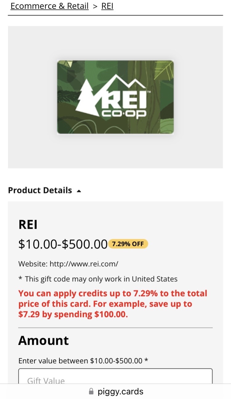 REI 电子礼卡 $1~$500任意金额 7.29% off。$100 REI digital gift card for $92.72