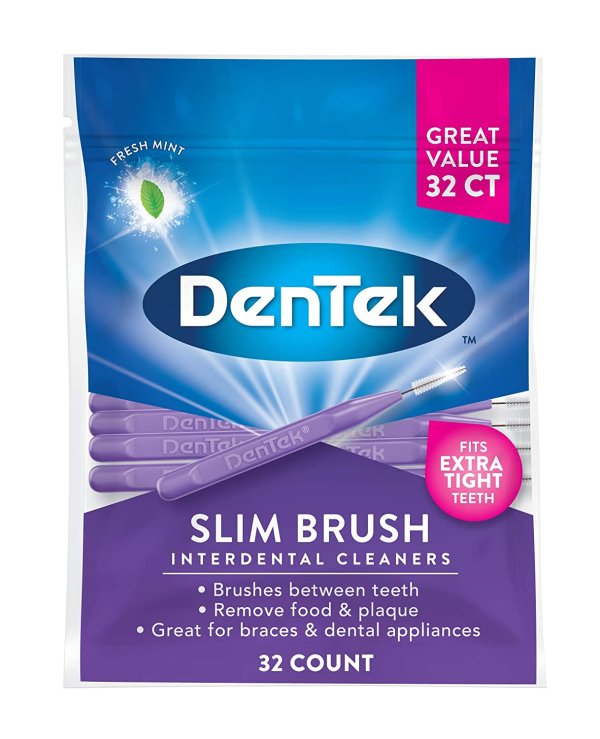 DenTek Slim Brush, Professional Interdental Cleaners, Tight Teeth, Mouthwash Mint, 32 Count
