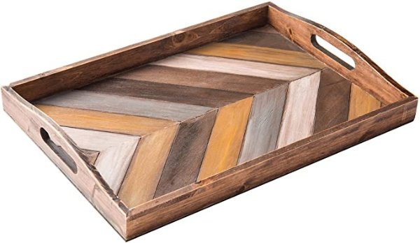 MyGift Rustic Chevron Rectangular Wood Breakfast Serving Tray with Cutout Handles - 16 x 12-Inch