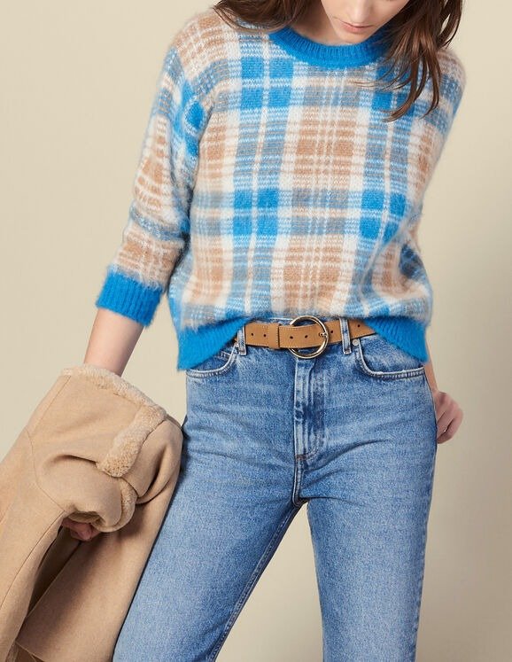 Hairy-effect checked jacquard sweater