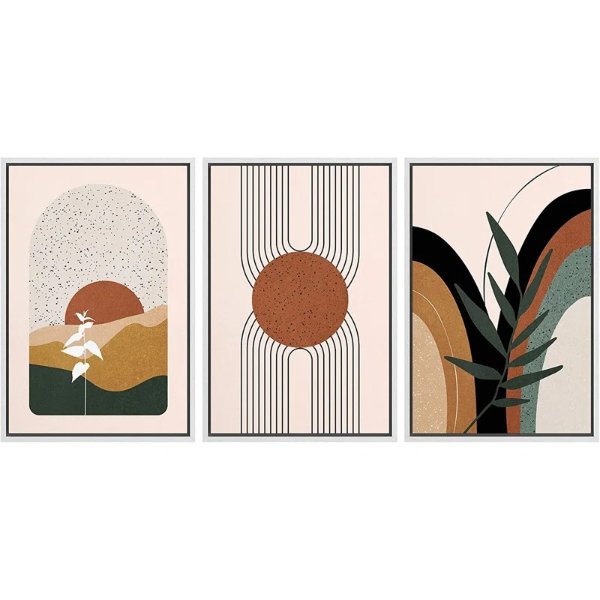 Mid Century Modern Boho IDEA4WALL Framed Canvas Print Wall Art Set Geometric Tropical Landscape Abstract Shapes Illustrations Minimalism Bohemian Decorative For Living Room, Bedroom, Office - 24"X36"X3 Natural