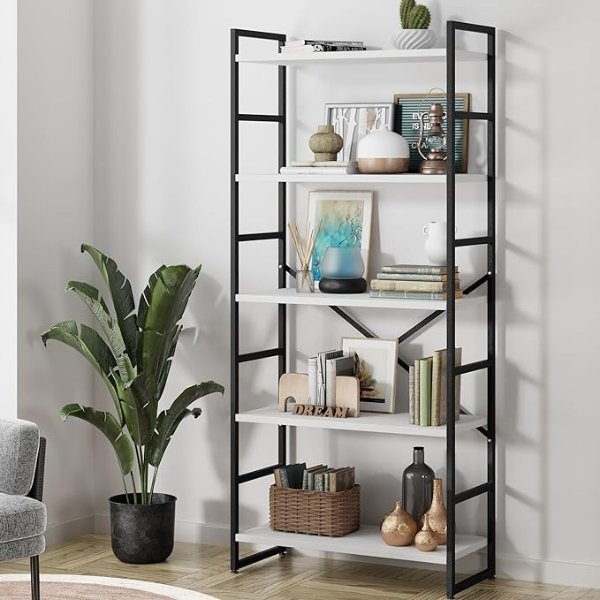 5 Tiers Bookshelf, Classically Tall Bookcase Shelf,Industrial Book Rack,Modern Book Holder in Bedroom/Living Room/Home/Office, Storage Rack Shelves for Books/Movies,White