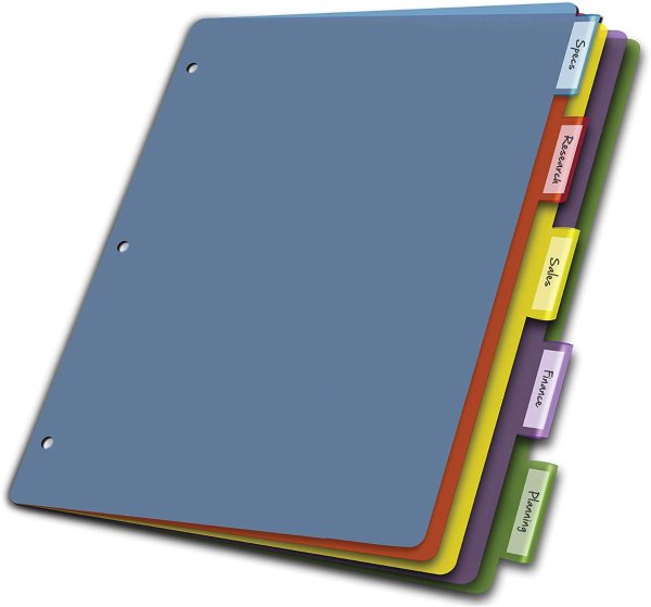 Cardinal Plastic Binder Dividers without Pockets, 5-Tab