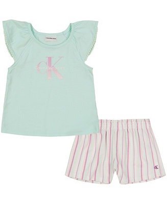 Toddler Girls Slub Jersey Logo T-shirt Striped Popcorn Shorts, 2 Piece Set