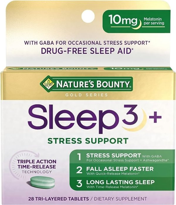 Stress Support Melatonin, Sleep3 Maximum Strength 100% Drug Free Sleep Aid, Dietary Supplement with Ashwagandha, Time Release Technology, 10mg, 28 Tri-Layered Tablets