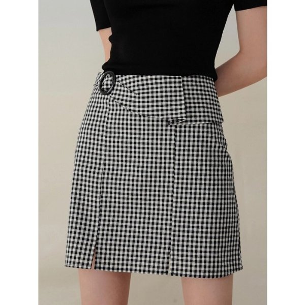 951 Waist Flare Check Skirt-Black