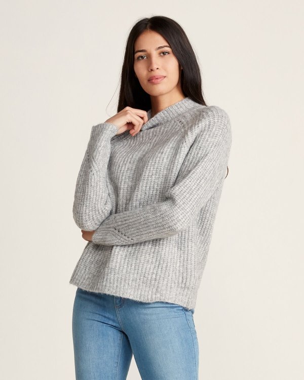 Mock Neck Pointelle Trim Long Sleeve Sweater