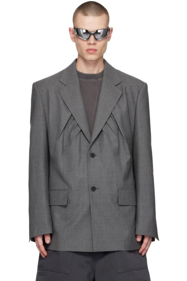 Gray Shirring Single-Breasted Blazer