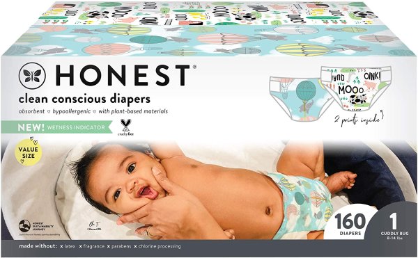 The Honest Company Super Club Box Diapers with TrueAbsorb Technology, Pandas & Safari, Size 1, 160 Count