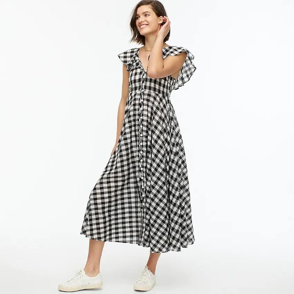 Button-up ruffle dress in gingham