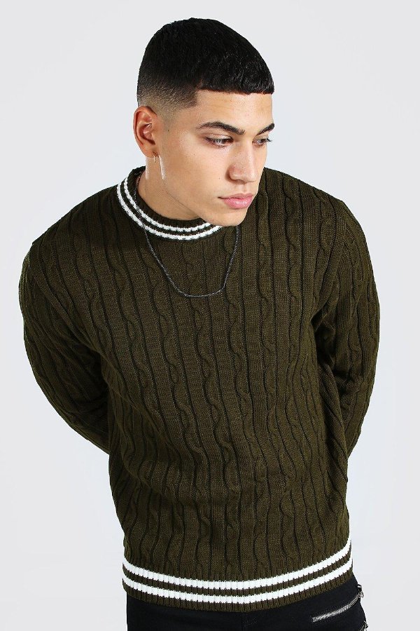 Turtle Neck Striped Cable Knitted Jumper | boohooMAN
