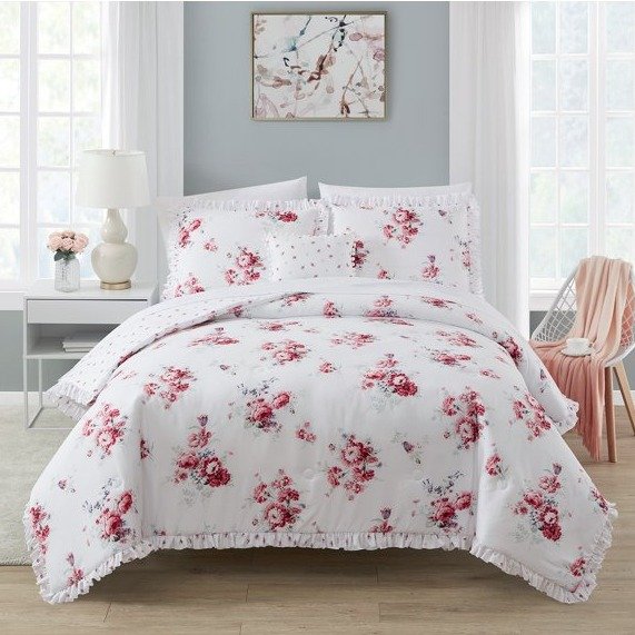 Reversible Sunbleached Floral 4-Piece Comforter Set + Decorative Pillow, Full/Queen