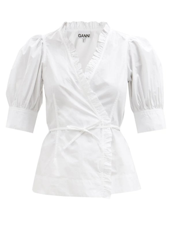 Ruffled organic-cotton poplin wrap blouse | Ganni