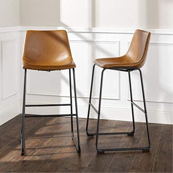 Douglas Urban Industrial Faux Leather Armless Lounge Kitchen Bar Chairs, Set of 2, Whiskey Brown