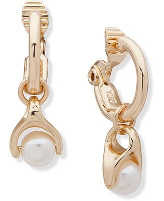 Gold-Tone Imitation Pearl Charm Clip-On Hoop Earrings