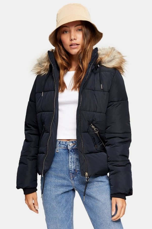 Navy Padded Puffer Jacket With Faux Fur Trim