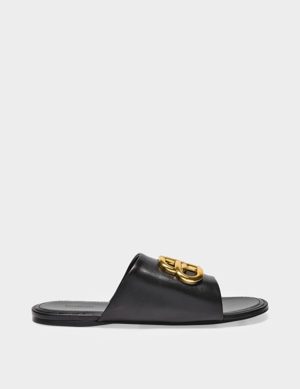 Oval Bb Sandals in Black Smooth Leather and Gold Detail