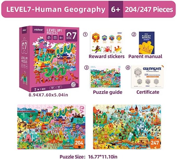 Level Up Jigsaw Puzzles for Kids Ages 6 Up,Toddler Puzzles for Children,Human Geography Learning Games,Premium Educational Toys for Boys and Girls,2Pack Durable Floor Puzzles (Level 7)