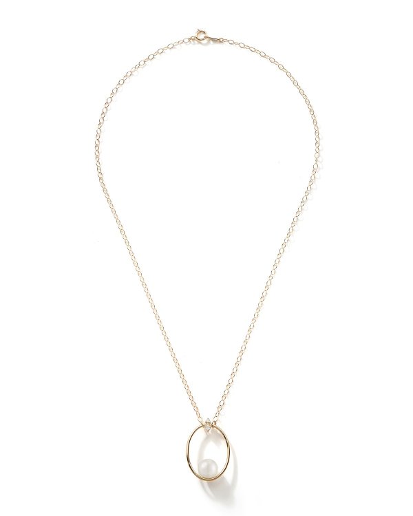 14k Gold Small Pearl & Diamond Oval Pendant Necklace