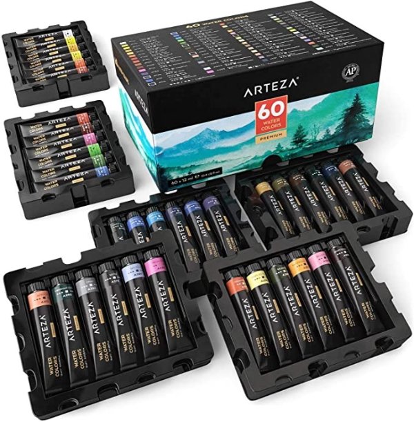 Watercolor Paint, Set of 60 Colors/Tubes (12 ml/0.4 US fl oz) with Storage Box, Rich Pigments, Vibrant, Non Toxic Paints for The Artist, Hobby Painters, Ideal for Watercolor Techniques
