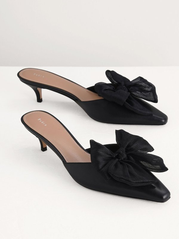 Bow Leather Heeled Mules