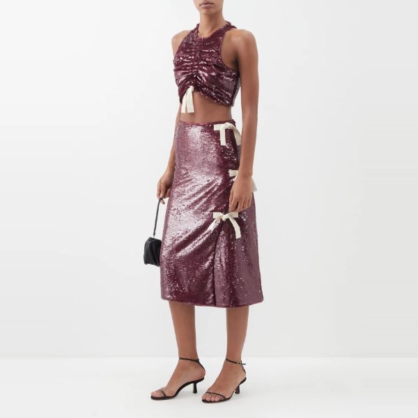 Bow-embellished sequinned midi skirt | Ganni