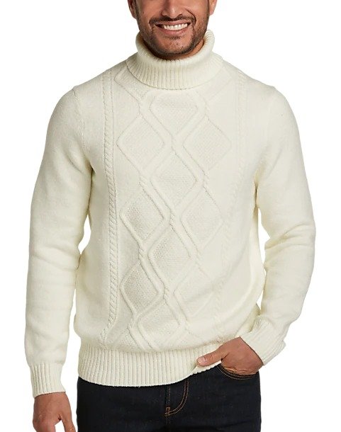 Joseph Abboud Modern Fit Cable Knit Turtleneck Sweater, Ivory - Men's Sweaters | Men's Wearhouse