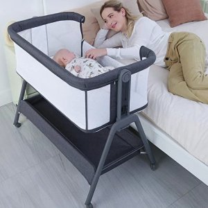 ANGELBLISS Baby Bassinet Bedside Crib with Storage Basket and Wheels