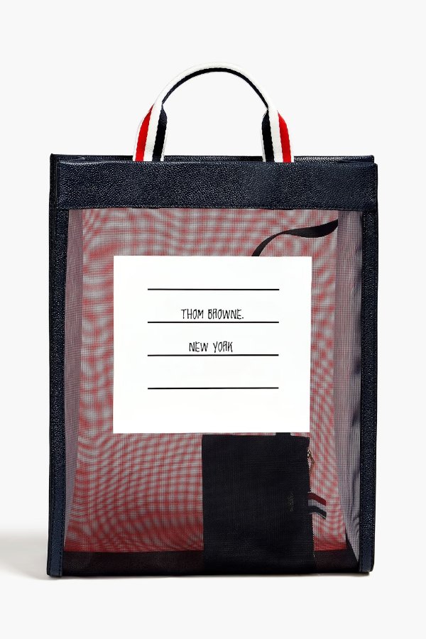 Leather-trimmed printed mesh tote