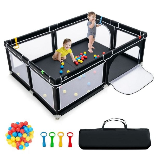 Costway Baby Playpen Extra-Large Safety Baby Fence w/ Ocean Balls & Rings Black