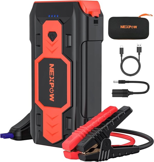 Nexpow Battery Jump Starter, 2500A Car Jump Starter (up to 8.0L Gas/8L Diesel Engines), 12V Battery Booster Pack with USB Quick Charge 3.0 and 4 LED Modes Red Blue Warning