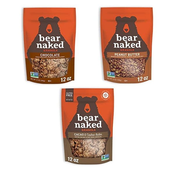 Bear Naked 谷物麦片 12Oz. 3袋 (花生酱、巧克力、可可腰果)