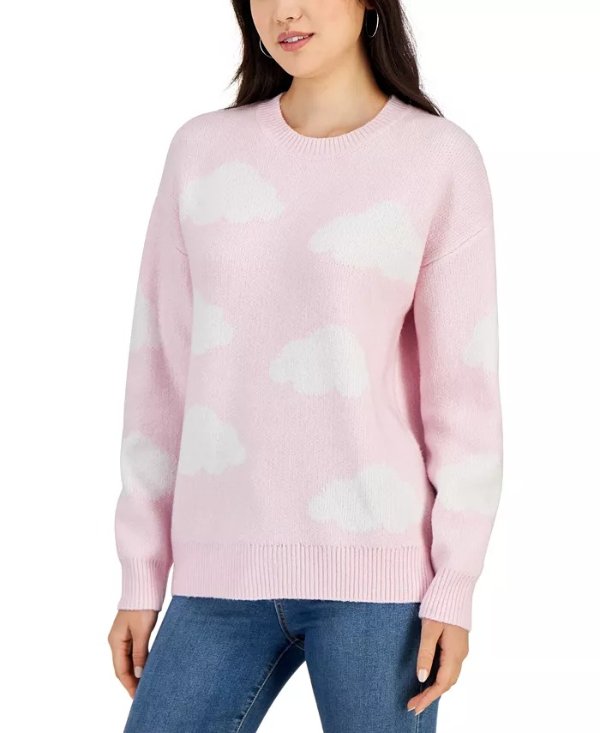 Juniors' Cloud-Print Long-Sleeve Sweater