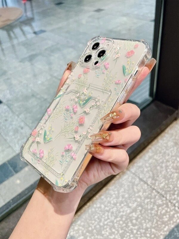 Flower Print Clear Phone Case With Card Slot