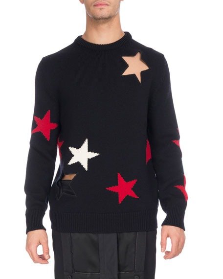 Star Cutout & Intarsia Wool Crewneck Sweater