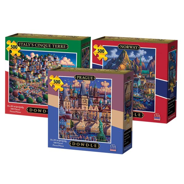 Dowdle Jigsaw Puzzle 3 Pack – 500 piece Each – Italy's Cinque Terra, Norway & Prague