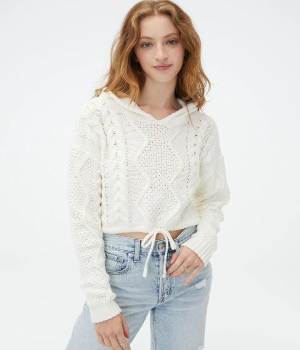 Women's Cable-Knit Cropped Hooded Sweater