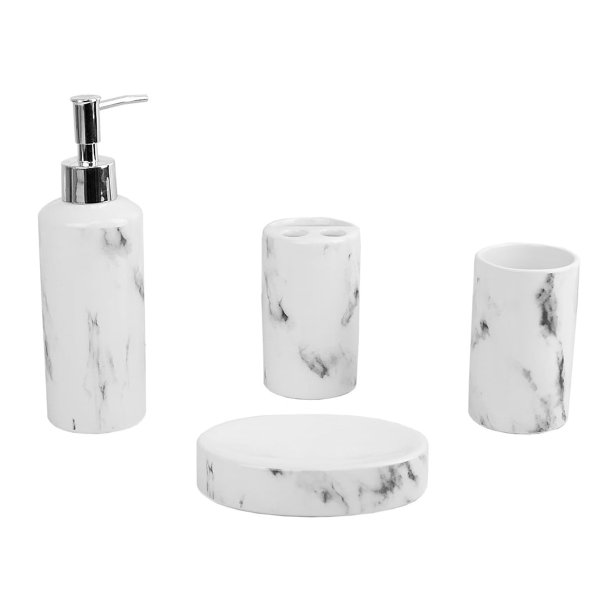 Marble Ceramic 4-Piece Bath Accessory Set - White