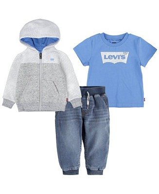 Baby Boys Print Blocked Hoodie, Short Sleeve T shirt and Dobby Jeans, 3 Piece Set