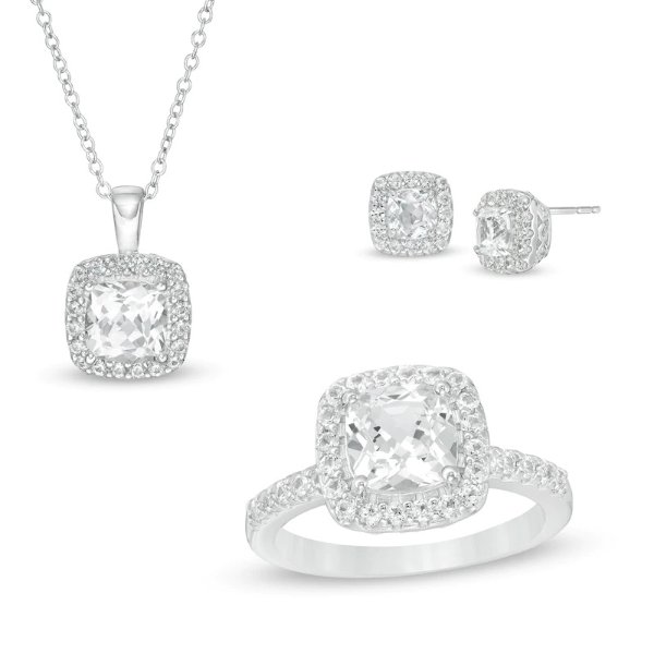 Cushion-Cut Lab-Created White Sapphire Frame Three-Piece Set in Sterling Silver|Zales