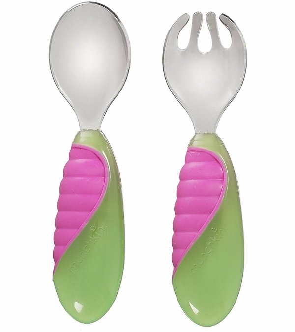 Mighty Grip Fork & Spoon Set - Green/Pink